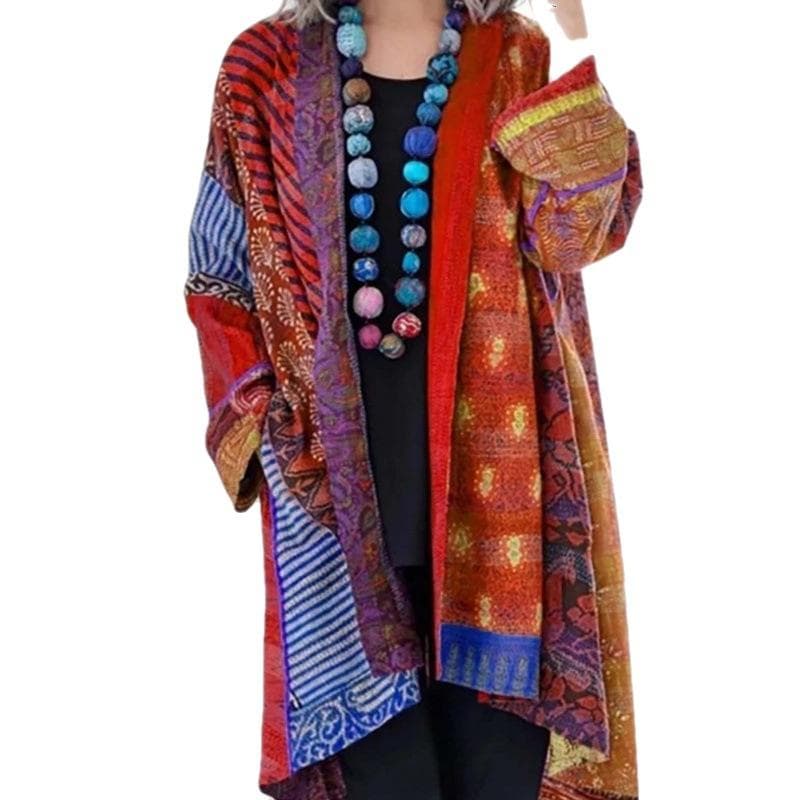 Vintage Cotton Linen Loose Ethnic Style Print Knitted Cardigan Large Size Long Sleeve Coat Autumn Winter Retro Women's Sweater L red