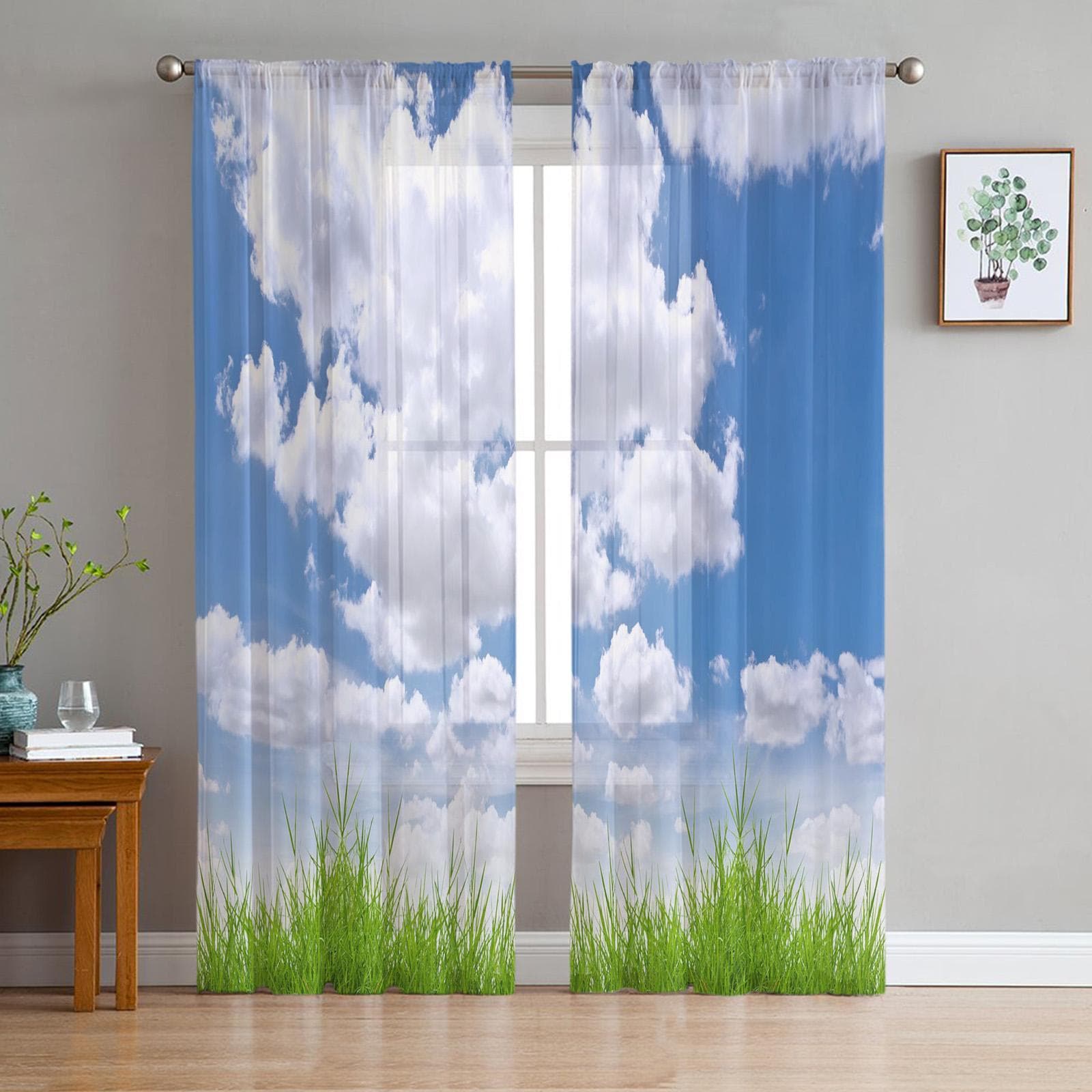 Blue Sky White Clouds Grassland Sheer Curtains for Living Room Voile Curtain Bedroom Bathroom Tulle Curtains Window Drapes 135W x 114H(cm)