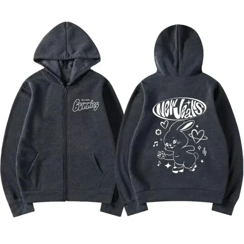 Korean NewJeans Bunny Kawaii Graphic Zip Up Hoodies Fashion Kpop Style Cute Hoodie Men Women's Casual Jackets Zipper Sweatshirts M