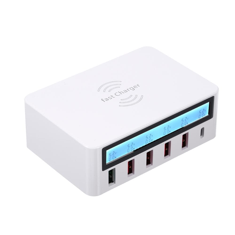 Smart Charging Station with 6 Ports LCD USB Charging Dock Wireless Charger of Universal White&UK Plug