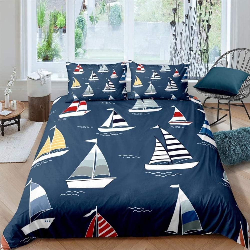 Nautical Sailboat King Queen Duvet Cover Coastal Sailing Boat Bedding Set Sea Adventure Comforter Cover Polyester Quilt Cover 264x228cm 3pcs