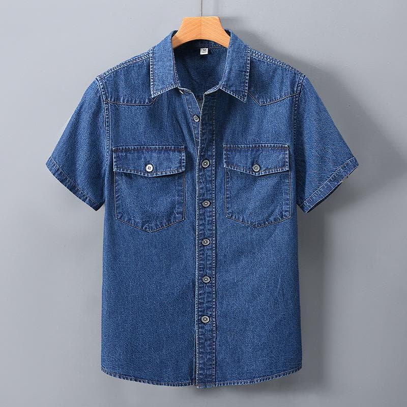 Men's Summer Denim Shirt - Large Size, Thin Cotton, Half-Sleeve, Slim Lapel Work Jacket 3XL dark blue