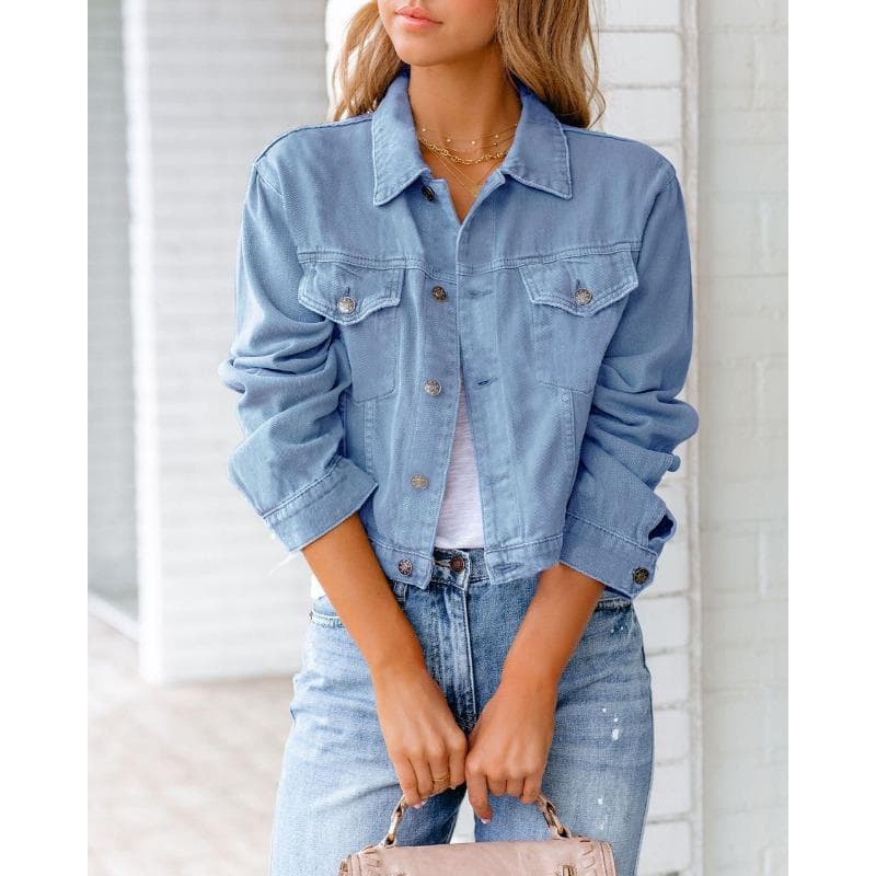 Spring and Autumn Women's Denim Jacket Long Sleeve Jacket Top L light blue