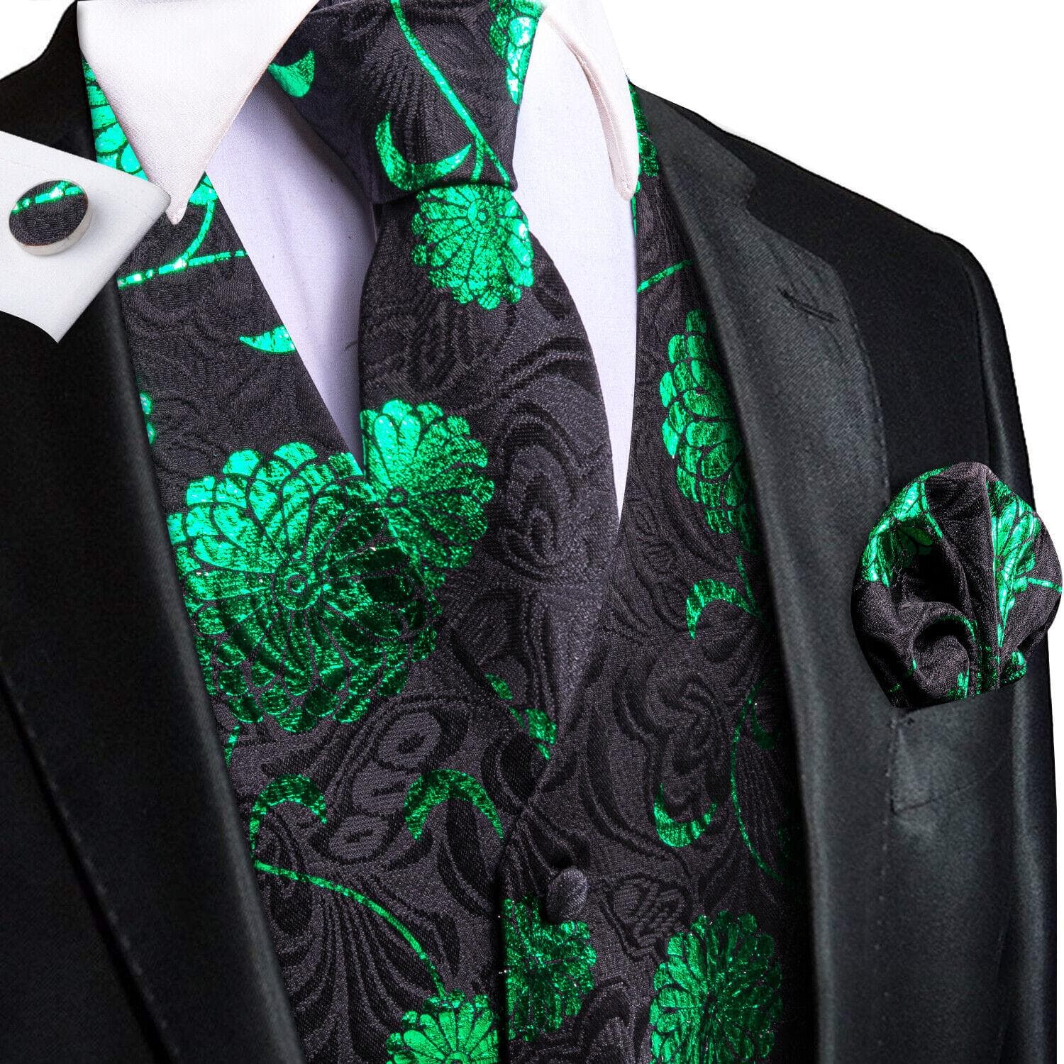 Hi-Tie Mens Waistcoat Silk Paisley Floral Tie Handkerchief Cufflinks SET Formal M