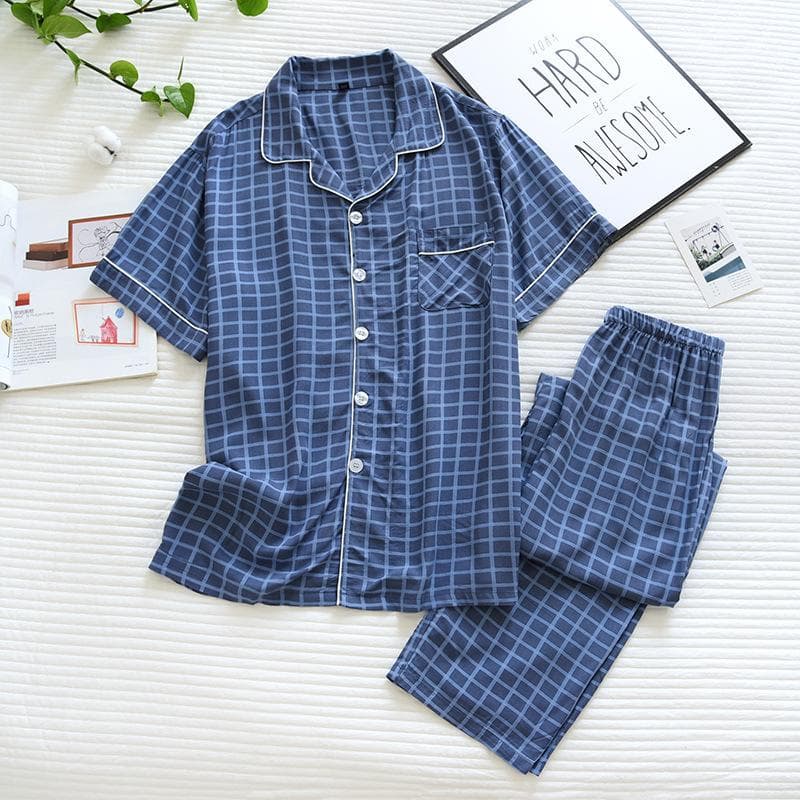 New Men's Short-sleeved Trousers Pajamas Two-piece 100% Viscose Spring and Summer Thin Plaid Large Size Home Service Cover L