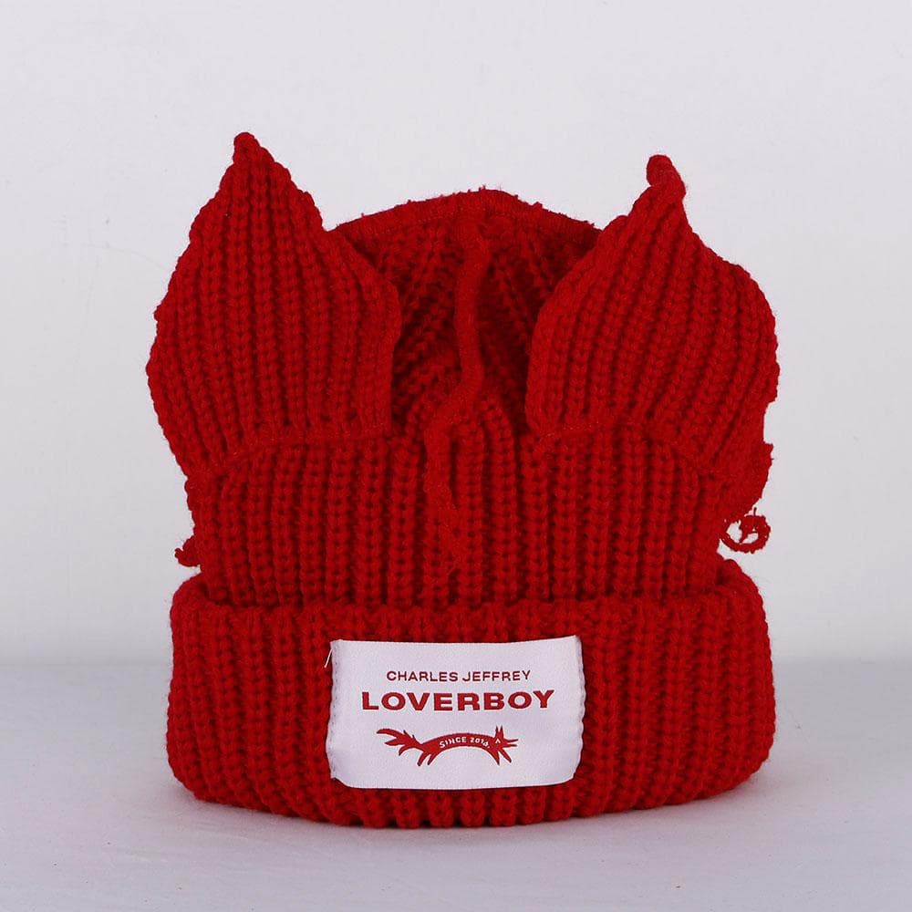 2023 Loverboy Cat Ear Knit Hat solid Warm Pig Ear Woolen Hat Cute Fashion Hooded Cap Niche Design Hip-hop Personality Cold Hat 56-58cm red