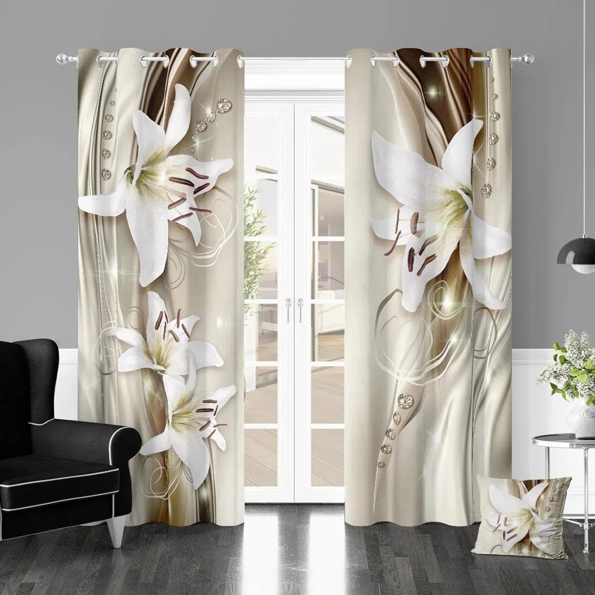 2pcs Golden Peacock Curtain Study Room Kitchen Living Room Dorm Rod Pocket Top Window Drapes Bedroom Accessories Home Decor W50xH130(CM)x2PCS-Grommet Top