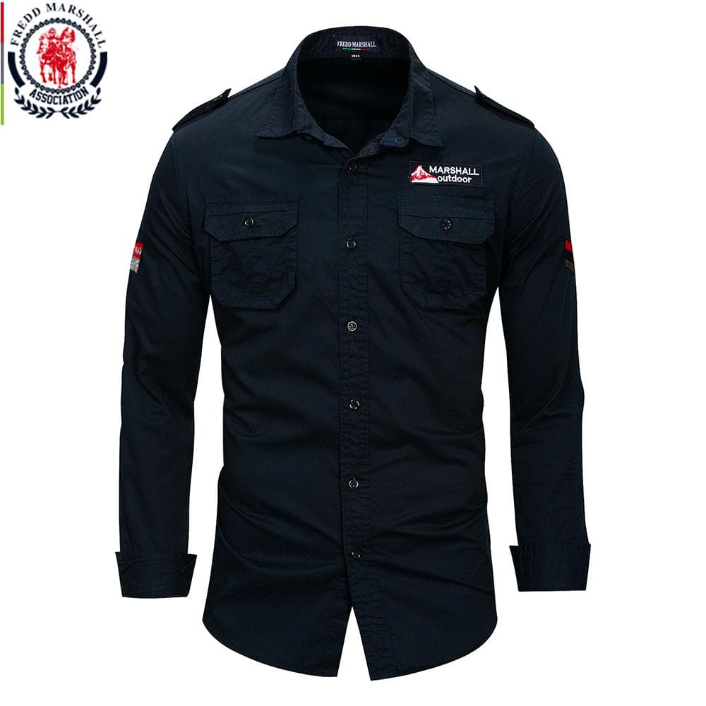 Fredd Marshall 2021 New 100% Cotton Military Shirt Men Long Sleeve Casual Dress Shirt Male Cargo Work Shirts With Embroidery 115 M navy blue