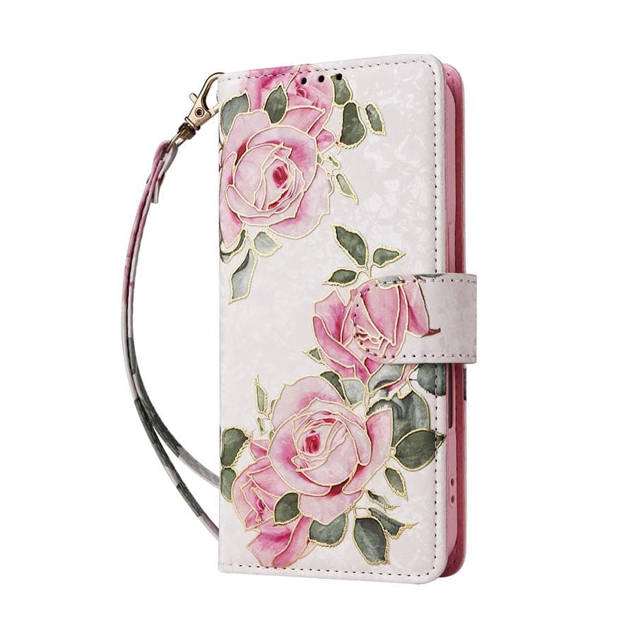 RFID Blocking Anti Theft Brush Embossed Floral Wallet Case with Card Slots for iPhone 16 15 14 13 12 Samsung Galaxy S25 S24 S23 A15 A14 A56 A55 iPhone XS Max pink