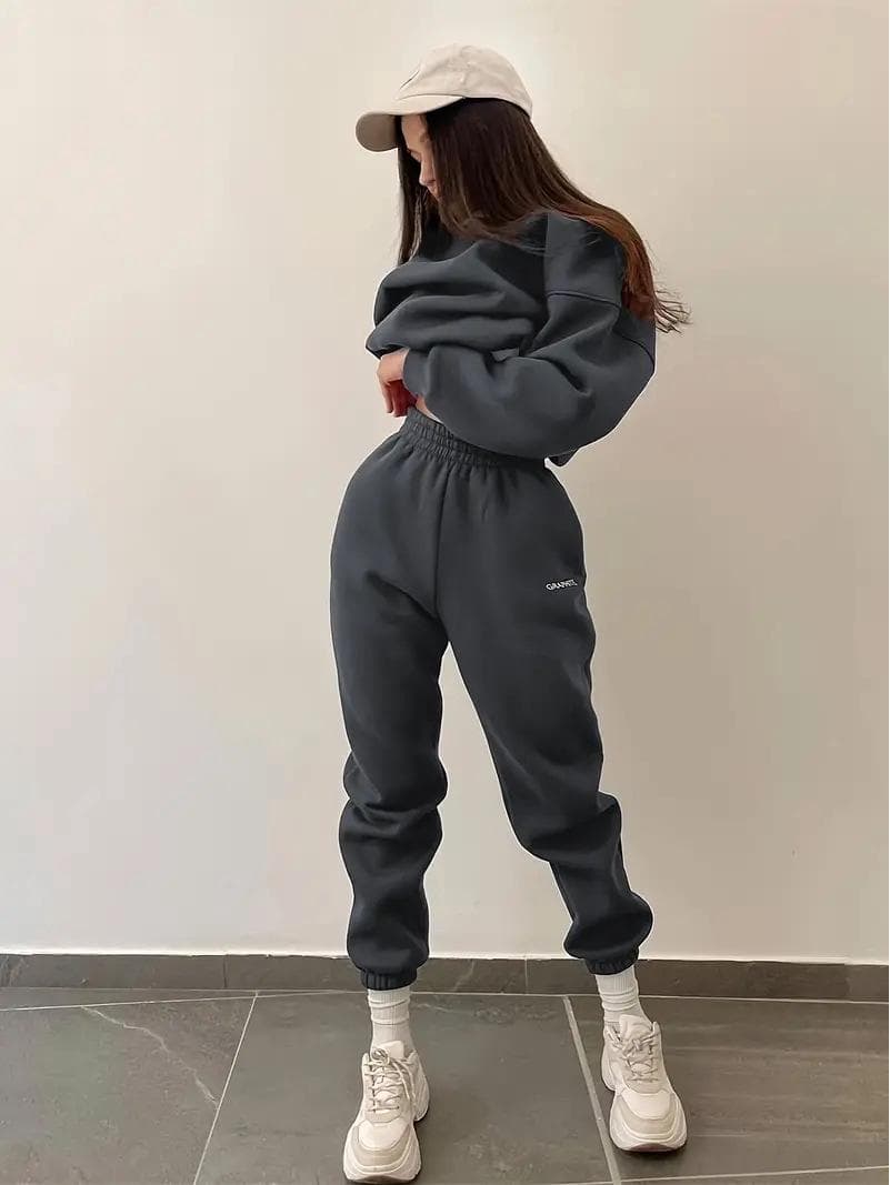2024 Autumn/Winter Women's Embroidered Slim Casual Sports Sweatshirt & Sweatpants Set Small dark gray