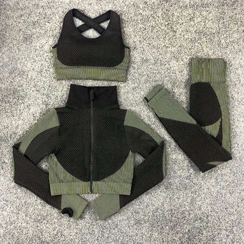 3PCS Seamless Women Yoga Set Workout Sportswear Gym Clothing Fitness Long Sleeve Crop Top High Waist Leggings Sports Suits XL