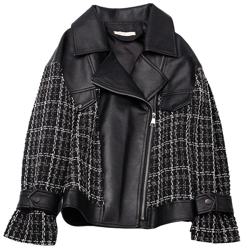 Xiaoxiangfeng Fur Jacket for Women Spring and Autumn Korean Style Short Plaid Leather Loose Jacket 2XL