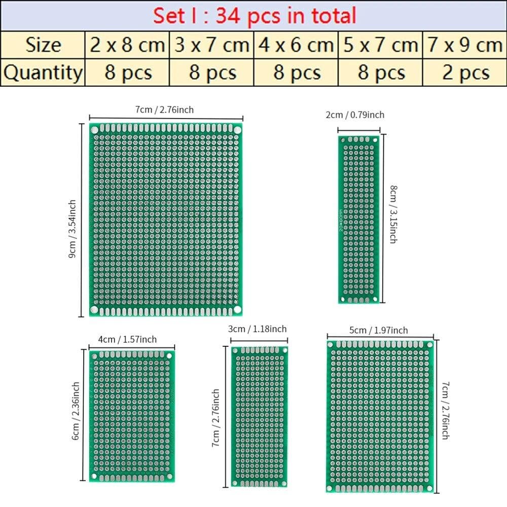4-40pcs Universal PCB Circuit Protoboard Double Sided Breadboard 2x8 3x7 4x6 5x7 7x9CM Stripboard Prototyping Board DIY Electronic Kit Set I 34 pcs