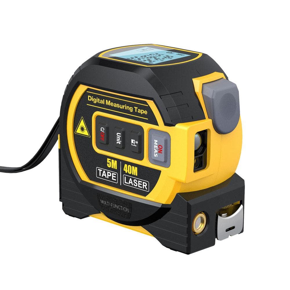 3in1 Laser Rangefinder 5m Tape Measure Ruler LCD Display with Backlight Distance Meter Building 40m yellow
