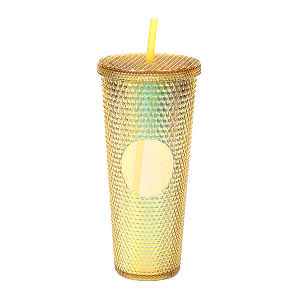 710ML/24OZ Large Capacity Water Cup Fully Studded Matte Tumbler Reusable Plastic Cup with Wide Opening Leak-Proof Lid Straw gold