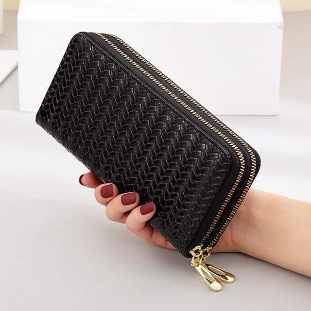 Double Zipper Women's Wallet Long Purse Large Capacity Clutch Leather Mobile Phone Bag Card Holder Money Clip black