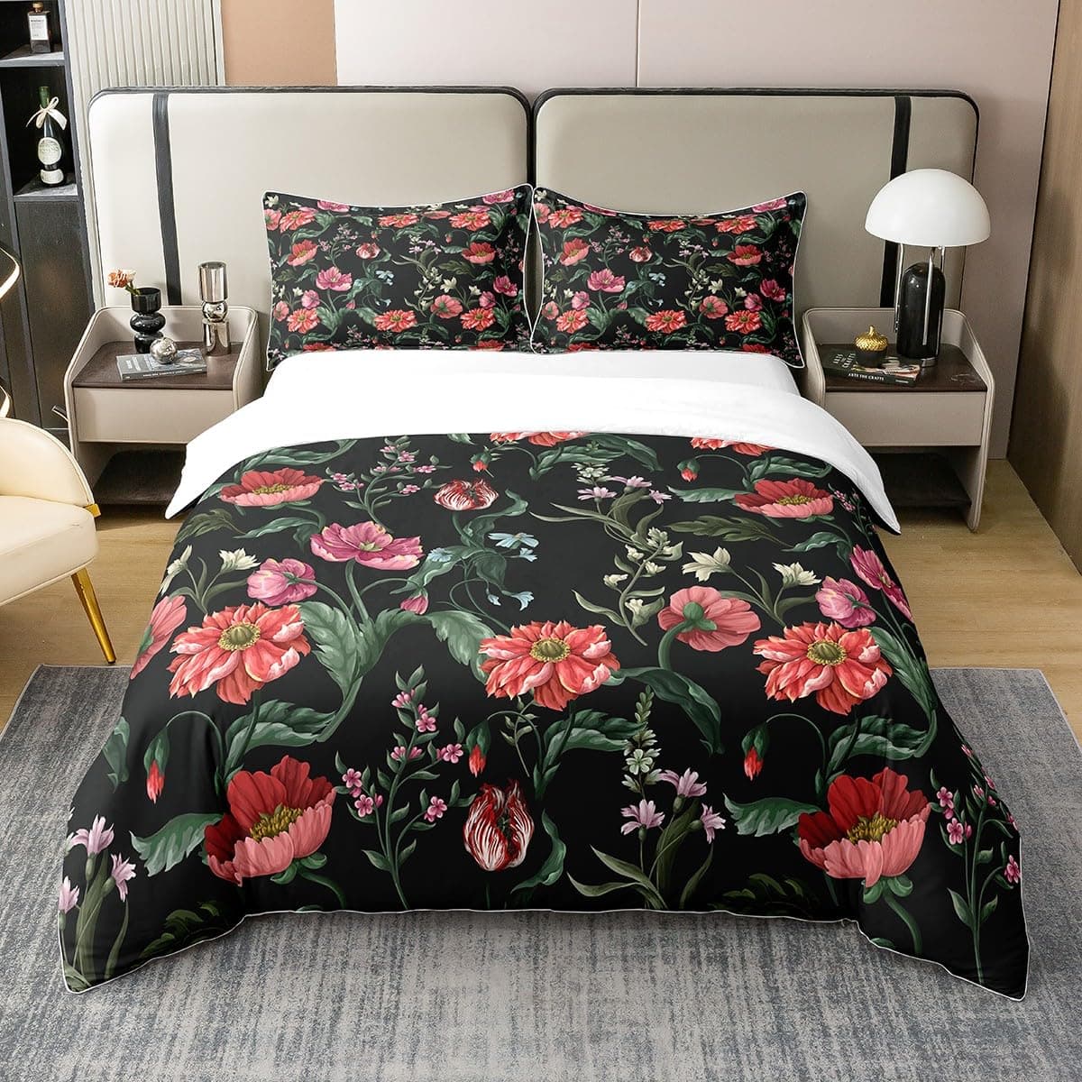 Flower Duvet Cover Set, Little Red Spring Summer Time Garden Florals Poppy Decorative 3 Piece Bedding Set with 2 Pillow Shams EU single(135x200cm)