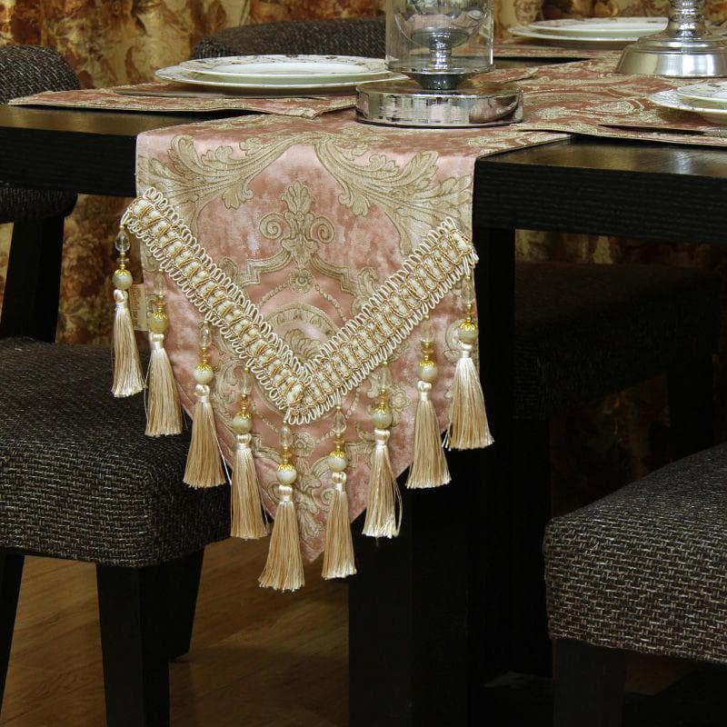 European Jacquard Table Flag Tea Table and TV Cabinet Anti Slip Long Towel Beaded Tassel Pendant Furniture Decoration Tablecloth 30x183cm 1pcs