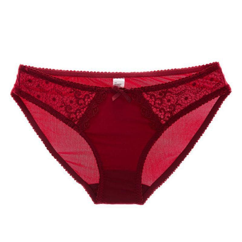 Silky White Water-Soluble Embroidered Lace Panties - Sexy European & American Large Size Briefs M wine red