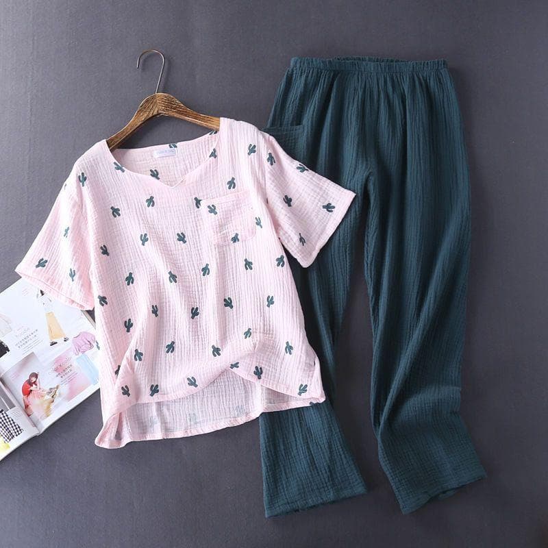 Summer Women's Cotton Crepe Double-layer Gauze Long Sleeved Long Pants Pajamas Thin Home Clothing Set Breathable Pullover XL
