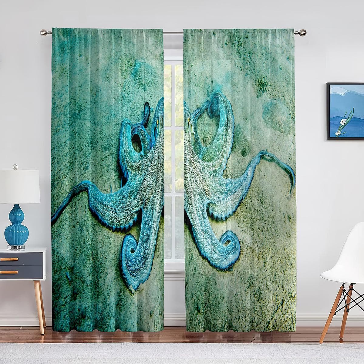 Ocean Kraken Blue Octopus Tentacles Marine Life Tulle Curtains for Living Room Bedroom Sheer Voile Window Curtains Party Drapes 1 PCS W500XH250cm&Grommet Top