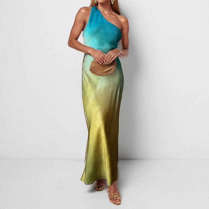 Spring New Women's Fashion Temperament Gradient Color Off-shoulder Dress Sexy Backless Dress S