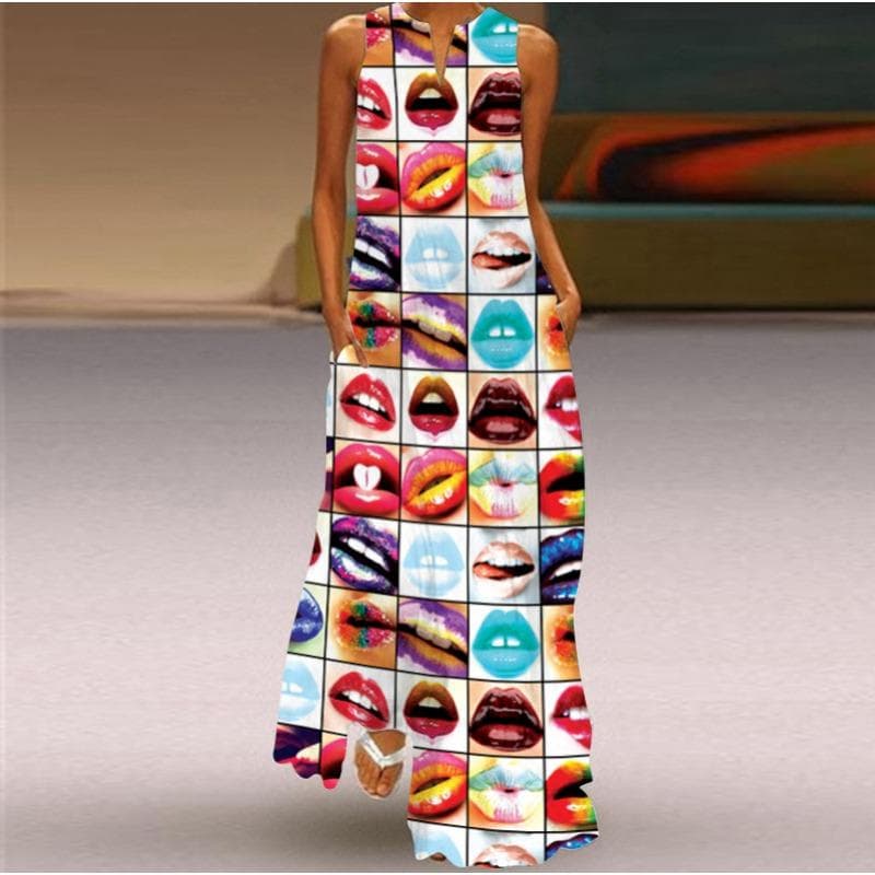 Summer Women's Dress Sleeveless Dress V-neck Print Dress XL