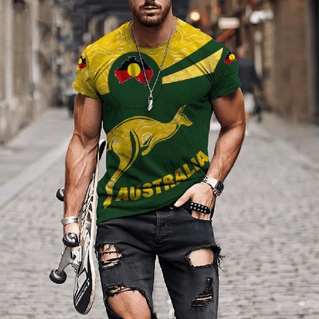 Australian Flag Kangaroo Aboriginal Painting 3D Printed Summer Men's Short-Sleeved Round Neck Daily Comfortable Outdoor T-shirt XXL