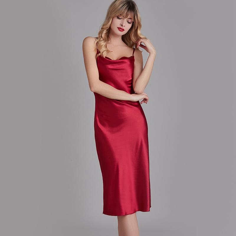 Summer Women Silk Satin Night Dress Sleeveless Nighties V Neck Plus Size Long Nightdress S wine red