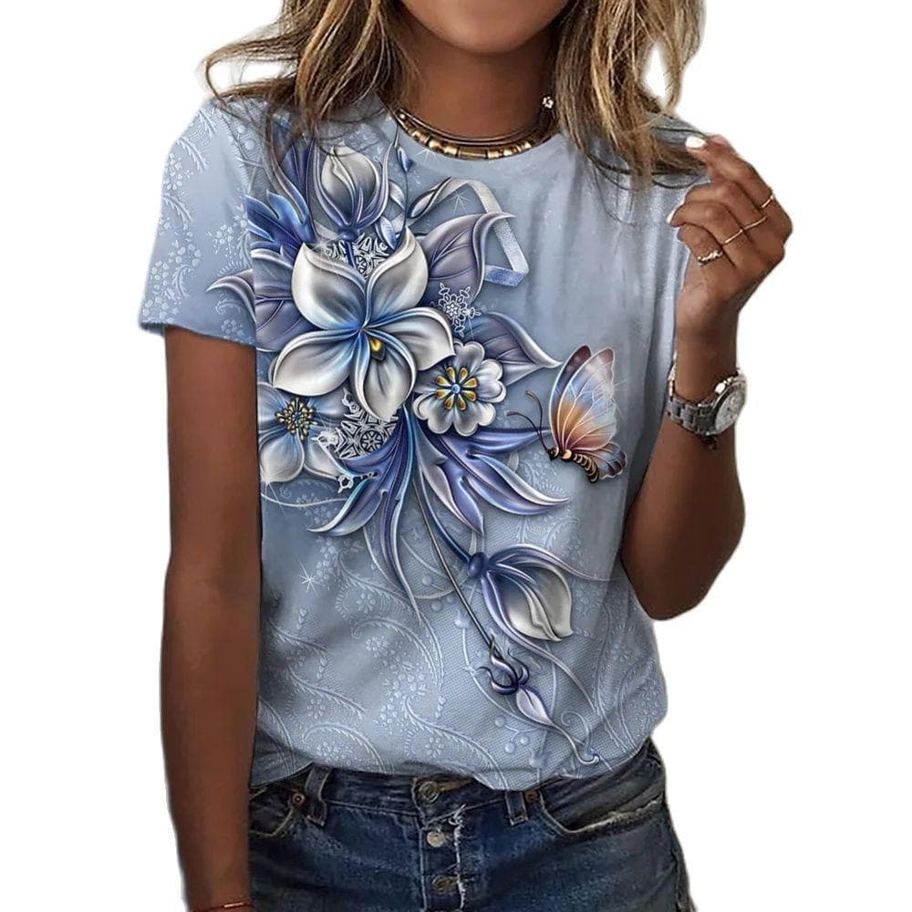 T Shirt For Women's Clothes Fashion Tops For Woman 3D Flower Print Female Short Sleeve Summer Women's T-shirt Plus Size Tees L