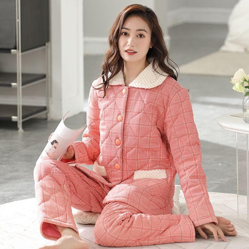 Extra-thick Pajama Women Autumn Winter 100% Cotton Padded Loungewear Middle-aged Homewear Suit V-neck Lattice Sleepwear 3XL