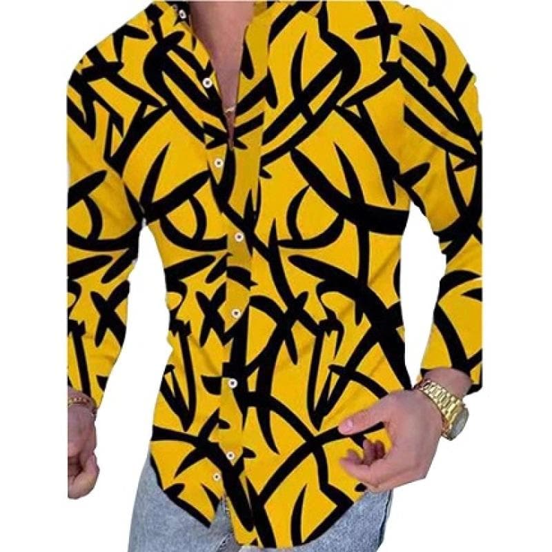 Casual Striped Print Color Trend Color Contrast Design Men's Long Sleeve Shirt L yellow