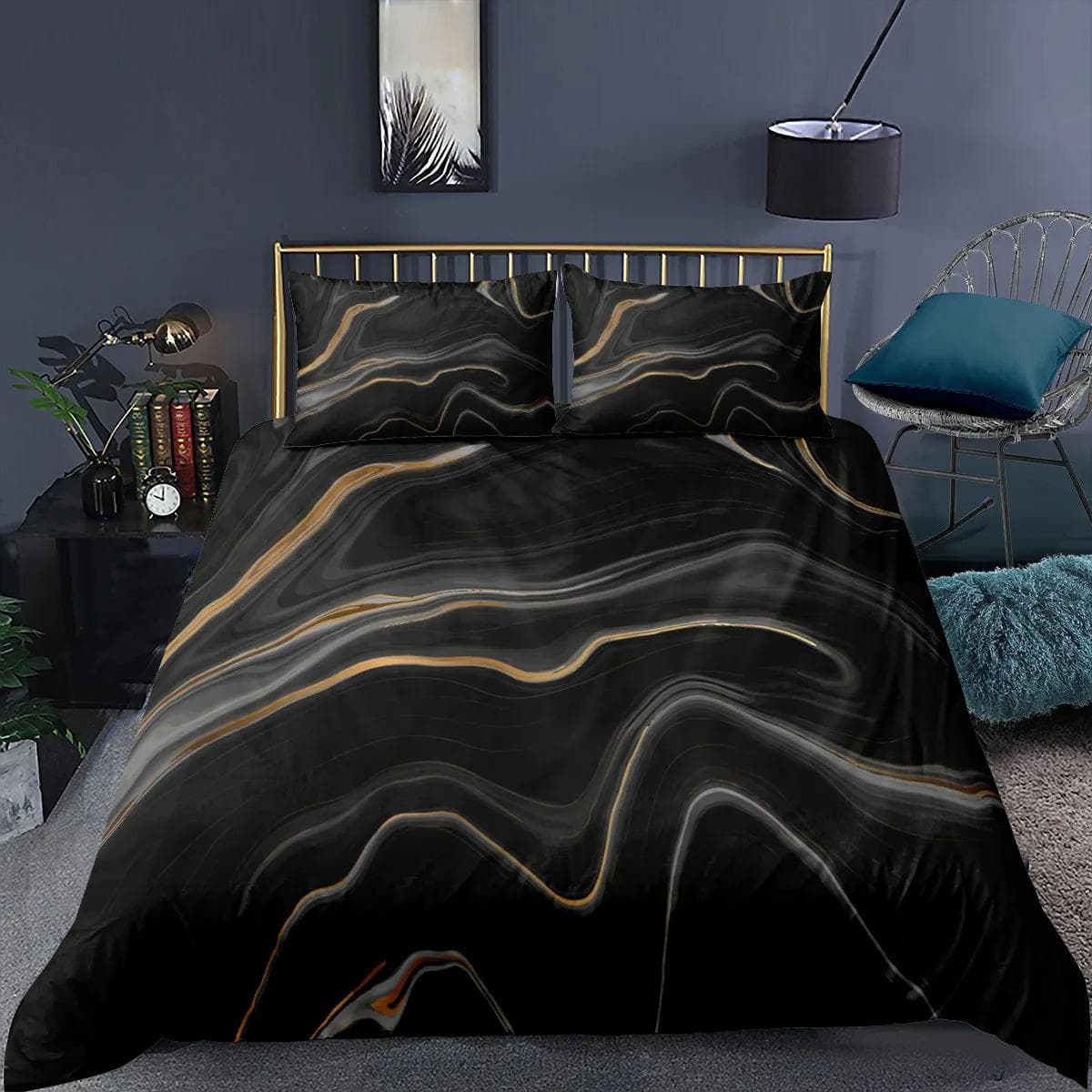 Luxury Black Marble Duvet Cover Set 3d Digital Printing Bed Linen Fashion Marbling Comforter Cover Design Bedding Sets Bed Set AU Double(180x210cm)