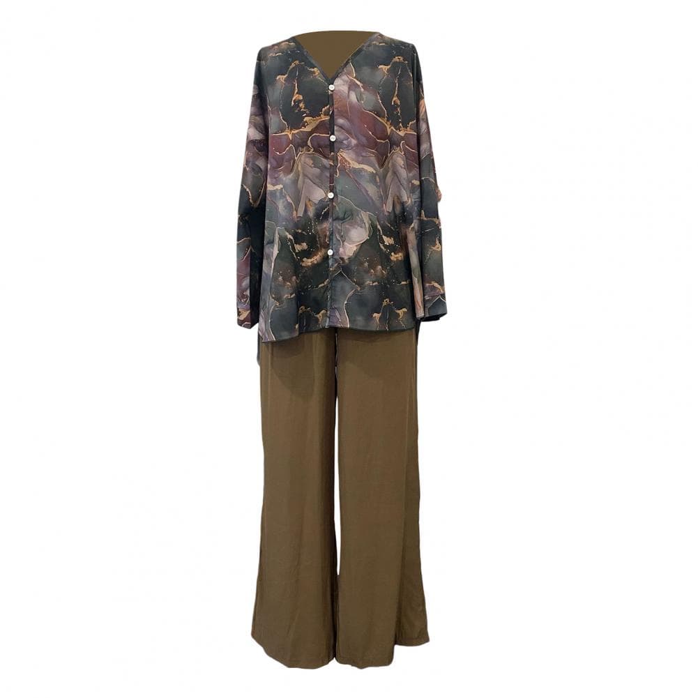2 Pcs/Set Women Top Pants Set Marble Print V Neck Long Sleeves Single breasted Blouse Wide Leg Pleated Loose Trousers Casual S