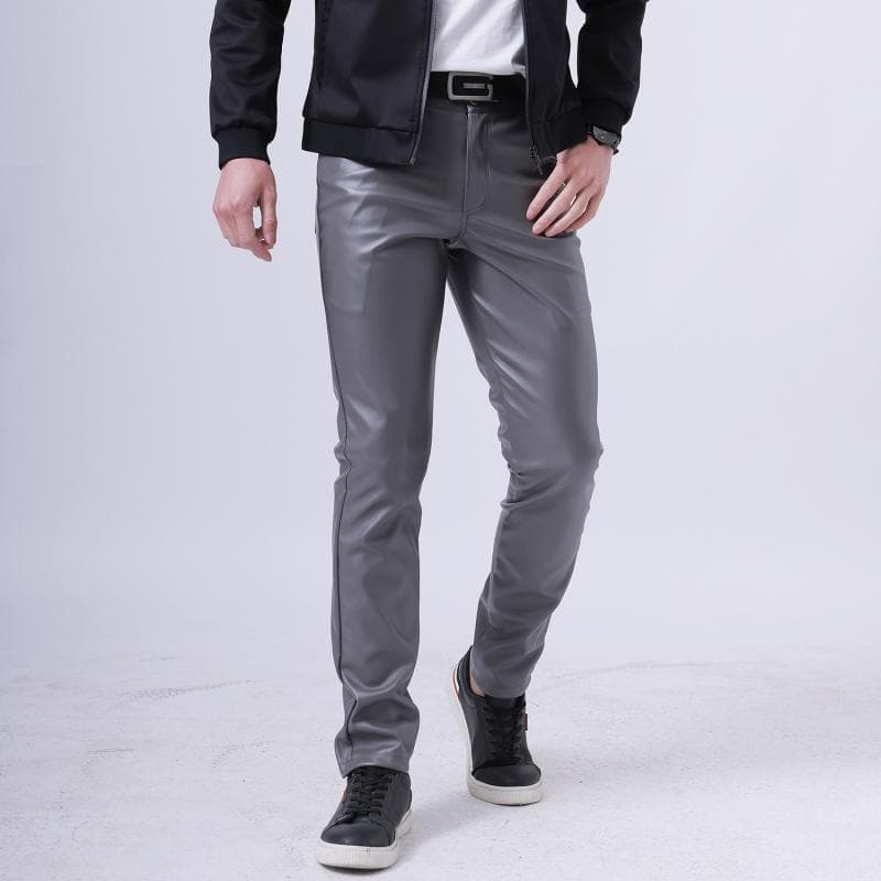 Thin Leather Pants Men's Moto Pants Spring Summer Fashion Color Elastic Slim Fit PU Trousers Windproof Waterproof Man Bottoms 28 gray