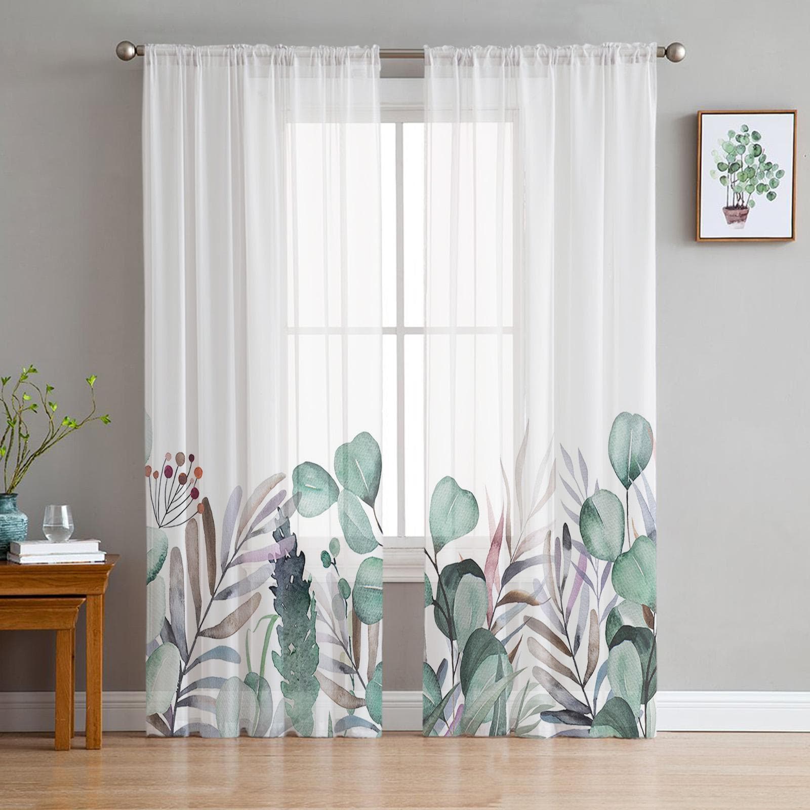Pastoral Style Flowers And Eucalyptus Trees Sheer Curtains Bedroom Living Room Voile Window Curtains Tulle Curtains for Kid Room 135W x 114H(cm)