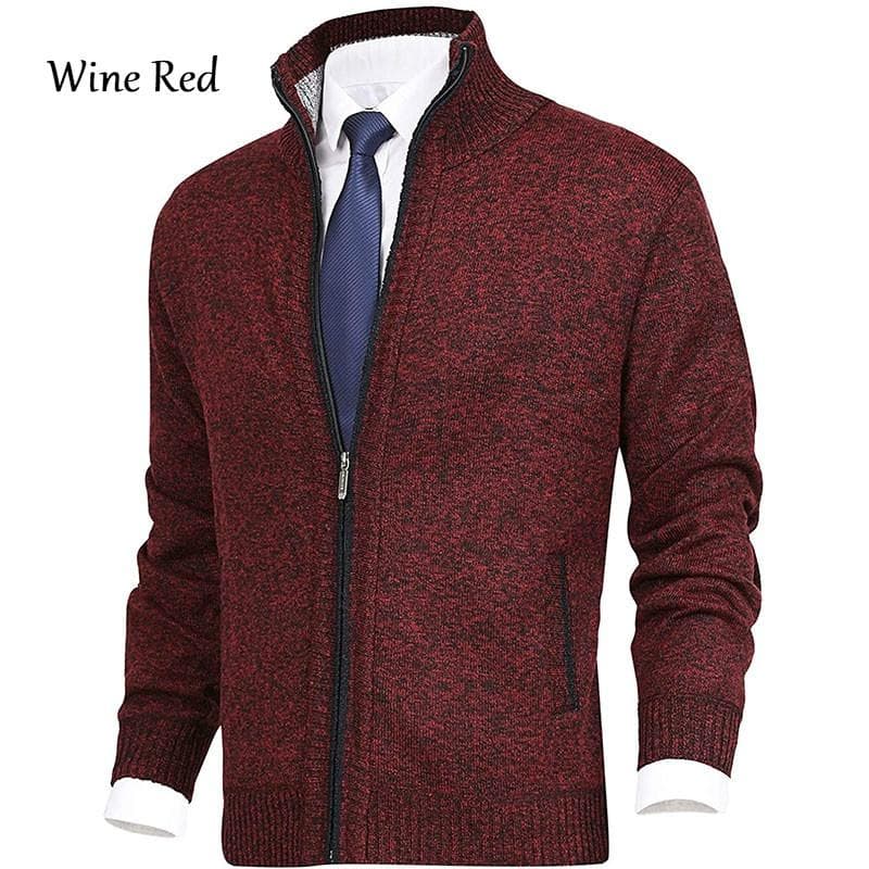 Men's Casual Knit Cardigan Sweaters Slim Fit Fleece Full Zip Thick Knitted Cardigan Winter Outwear XL wine red