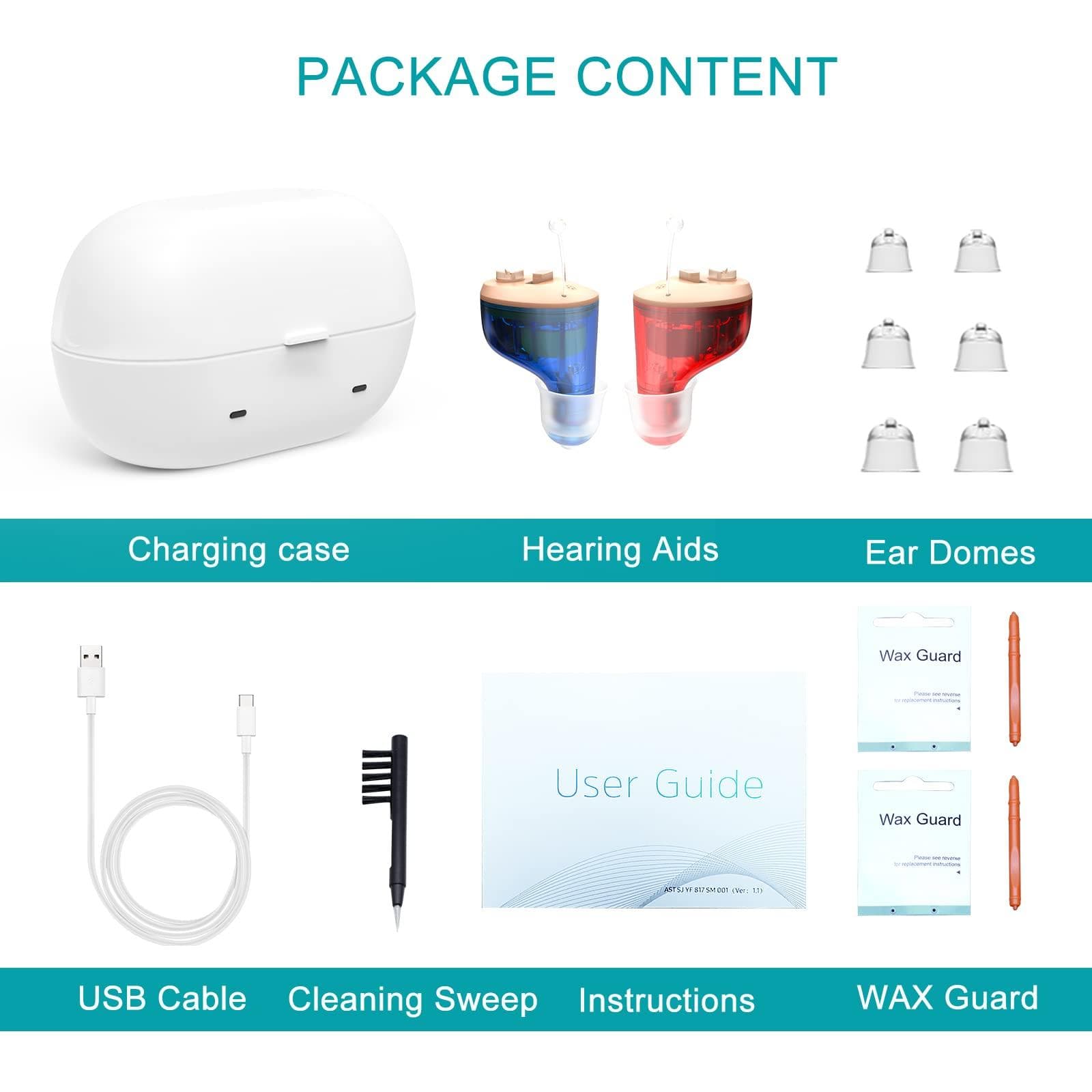 Invisible Digital Rechargeable Hearing Aids for Seniors Hearing Loss Hearing Amplifier with Noise Cancelling Hearing Aid with Charging Case blue/red