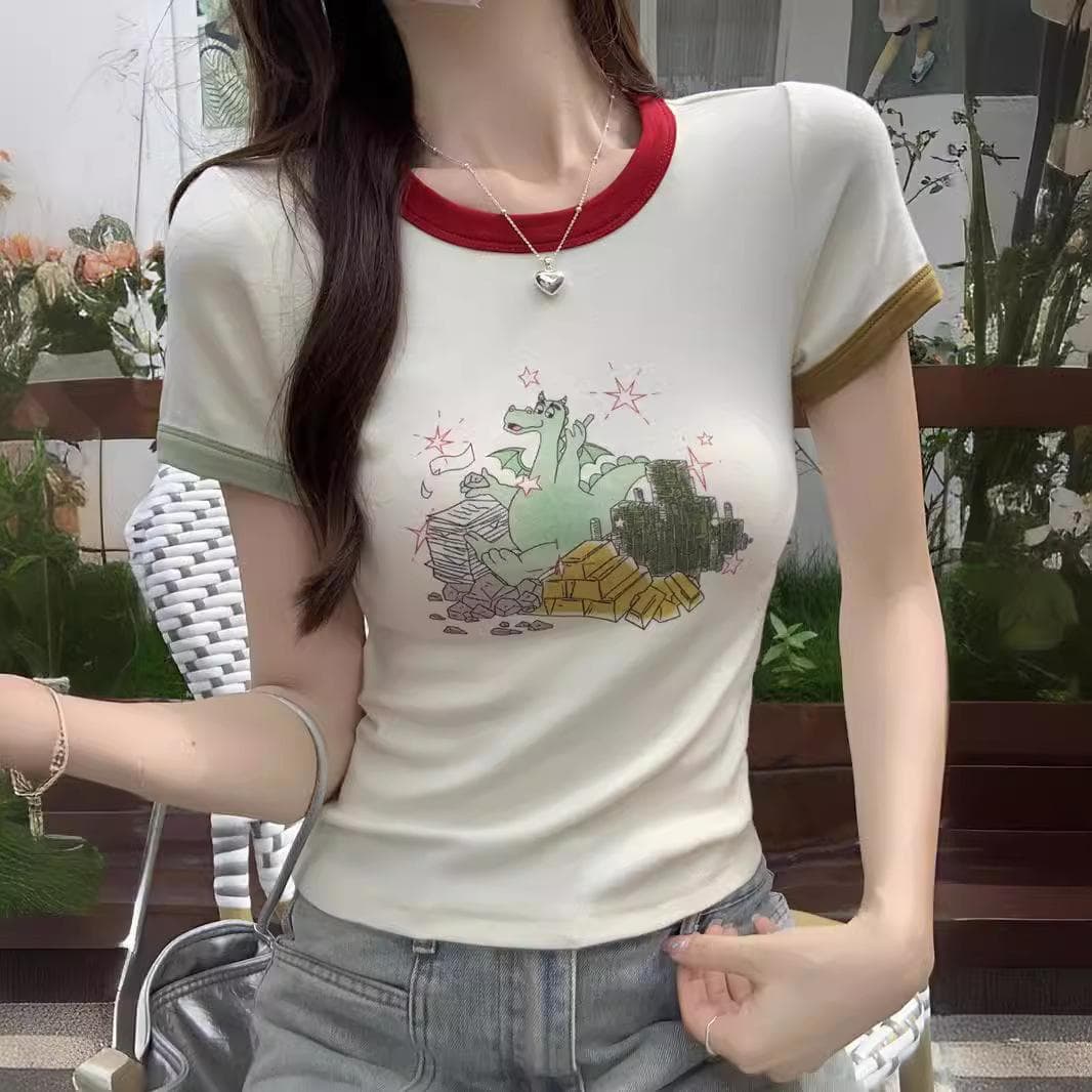 Printed Front Shoulder Short-sleeved T-shirt for Women In Summer New Contrasting Color Round Neck Sweet Slim Fit Short Top 2XL