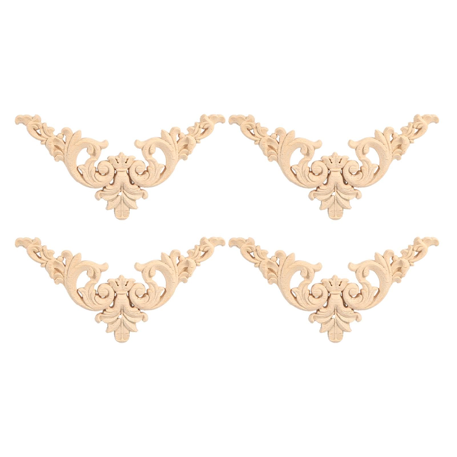 4PCS Rubber Wood Carved Corner Onlay Applique Furniture Flower Shape Unpainted 12x 12cm