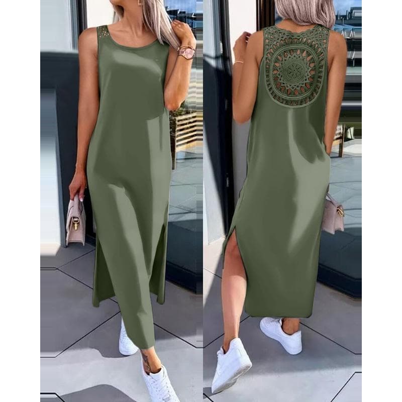 Women's Summer Hollow Solid Color Mid-length Dress XXL army green