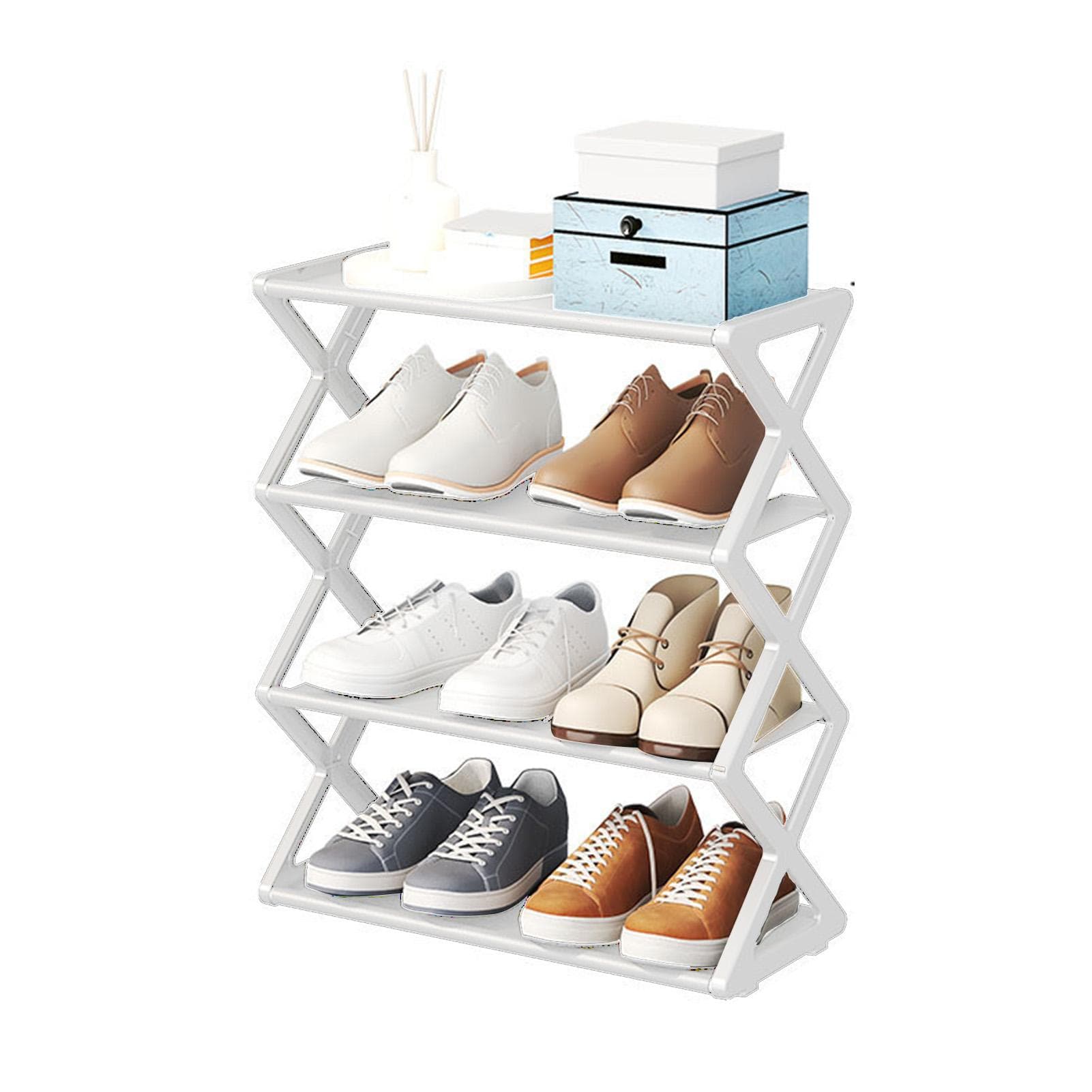 4 Tier Foldable Shoe Rack Space Saving Free Standing Shoe Storage Organizer for Closet Hallway white