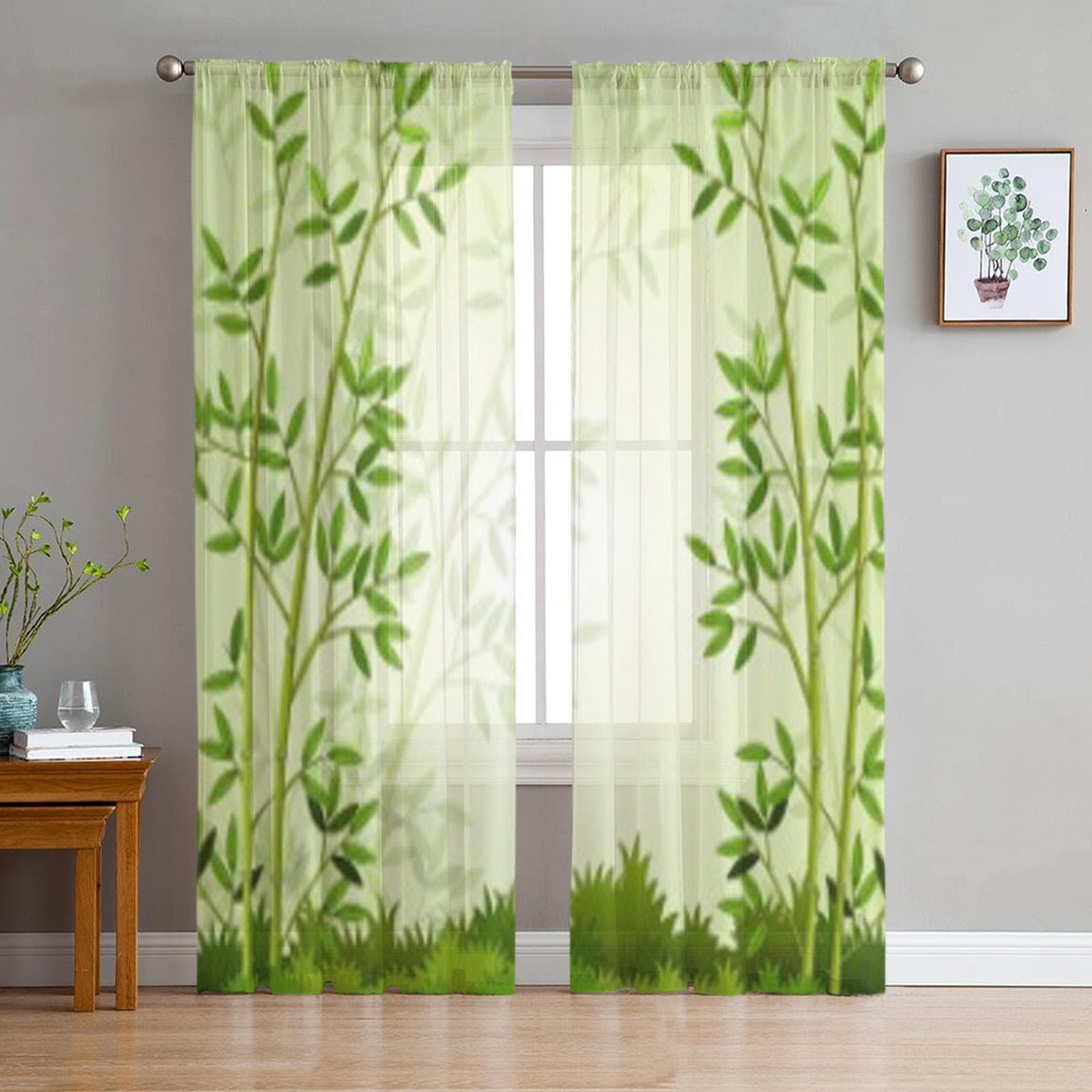 Bamboo Tree Of Forest Green Tulle Sheer Curtains for Living Room the Room Bedroom Kitchen Decoration Voile Organza Curtains 135W x 114H(cm)