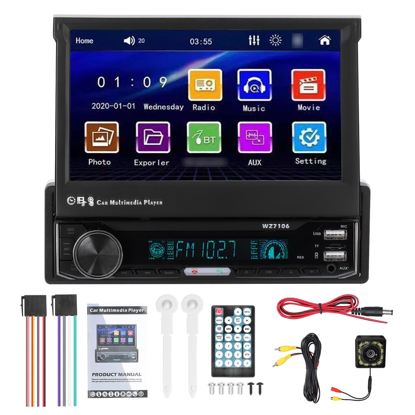 7 Inch Single Din Car Stereo with Telescopic Touchscreen FM Radio BT MP5 Player Support black