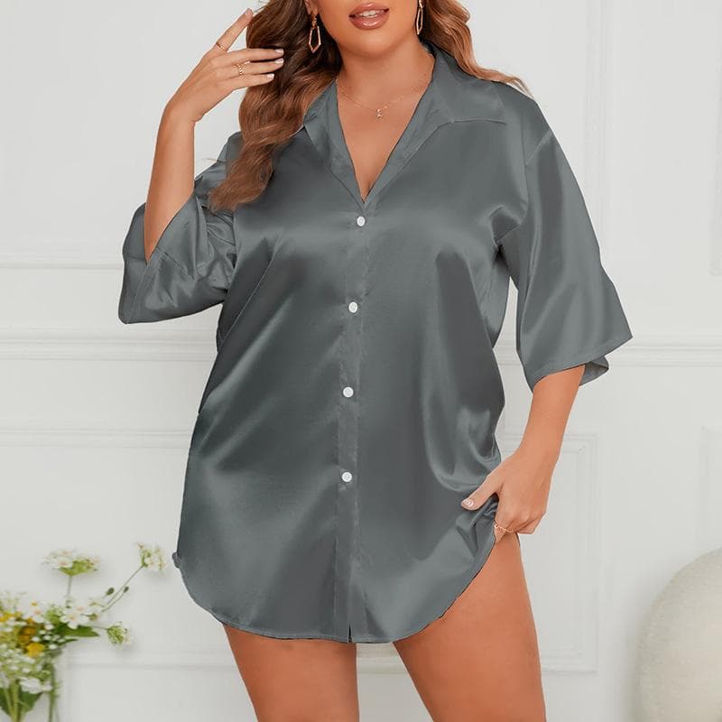 Plus Size Ice Silk Nightdress Women's Summer Loose Lapel Sleepshirts Comfortable Half Sleeve Button Shirt Dress Sexy Sleepwear 2XL