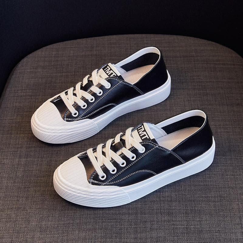 New Flat Shallow Mouth Genuine Leather Small White Women's Shoes Autumn Model Versatile One-Pedal Skateboard Shoes Lace-Up White Shoes 39 black