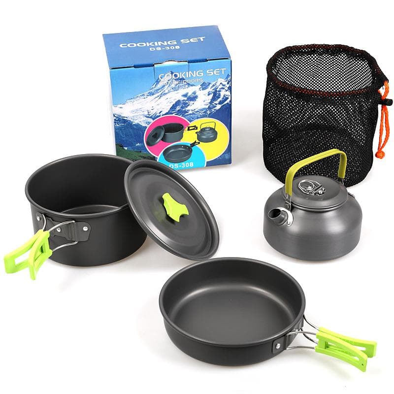 Camping Cookware Kit Outdoor Aluminum Cooking Set Water Kettle Pan Pot Travelling Hiking Picnic BBQ Tableware Equipment green