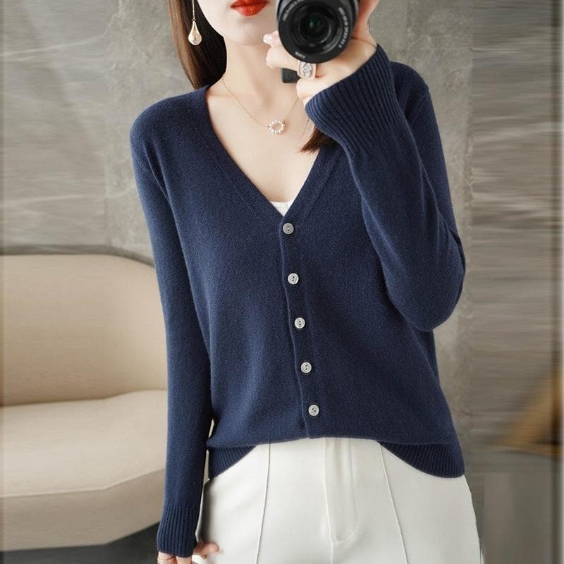 Spring and Autumn Women's Cardigan Jacket V-neck Knitted Cardigan Short Loose Peplum Sweater Thread Sweater M navy blue