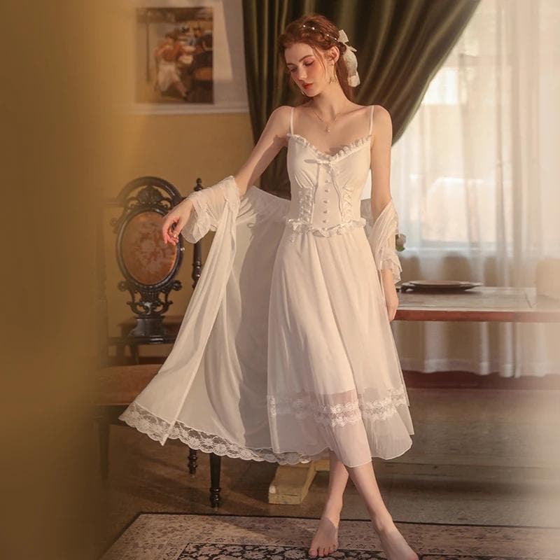 Nightgown Women's Nightgown Set Spring Lace Solid Mesh Nightgown Comfortable Women's Home Clothes L