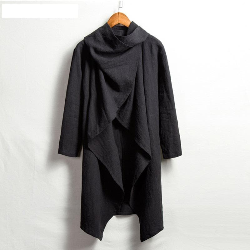 Men's Cotton and Linen Cape Long Irregular Cape Spring New Long-sleeved Coat L black
